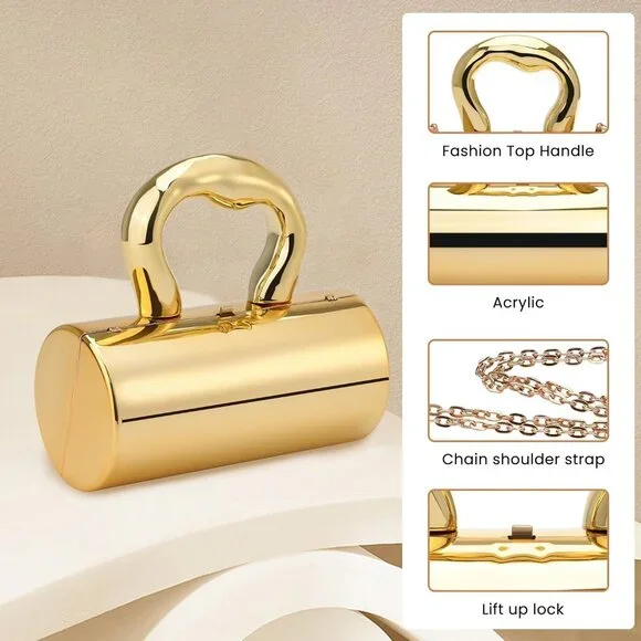 Women's Barrel Acrylic Clasp Removable Strap Lift Up Lock Gold Clutch Purse - Picture 4 of 6